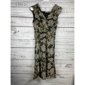 Zara Green Floral Ruched Midi Dress Sheer Y2K Feminine Wedding Formal Date XS